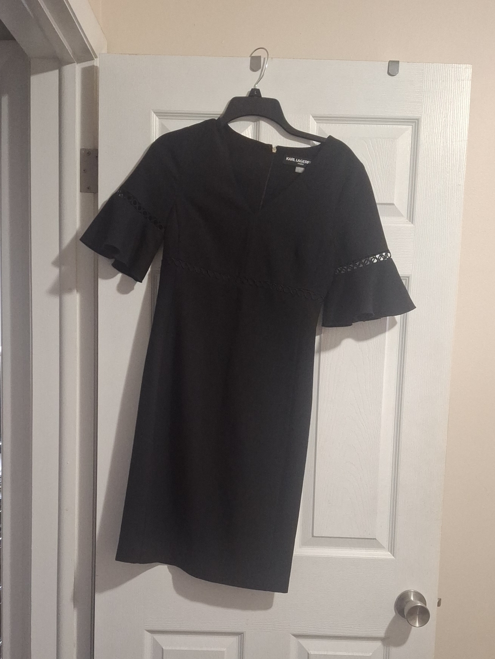Karl Lagerfeld Black Midi Shift Dress with Lace-Trimmed Flared Sleeves